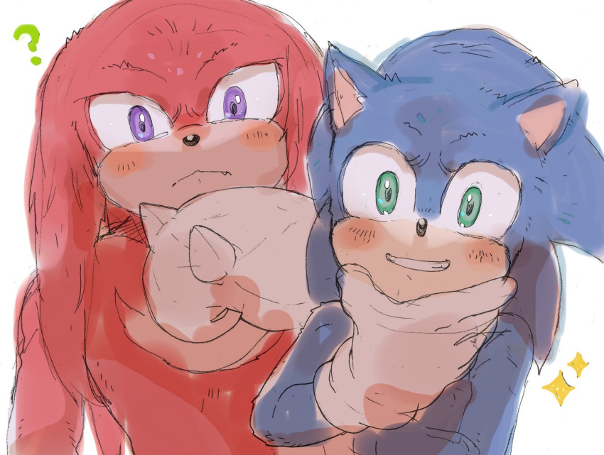 2boys ? animal_ears animal_nose blue_fur blush closed_mouth english_commentary furry furry_male gloves green_eyes hand_on_own_face hand_up hedgehog hedgehog_ears knuckles_the_echidna looking_at_viewer male_focus multiple_boys purple_eyes red_fur simple_background sk_rokuro smile sonic_(series) sonic_the_hedgehog sonic_the_hedgehog_2_(film) sparkle spiked_gloves standing teeth white_background white_gloves