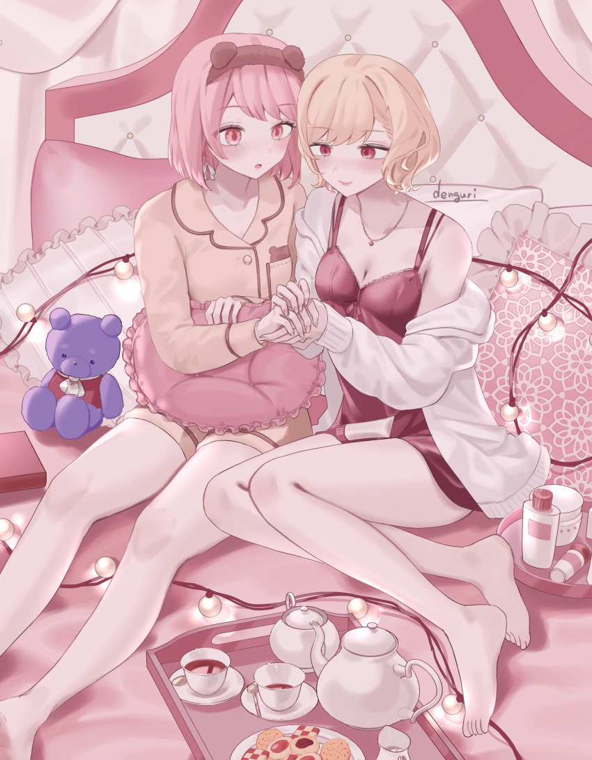 2girls absurdres bare_shoulders blonde_hair celine_(fire_emblem) cookie fire_emblem fire_emblem_engage food highres lapis_(fire_emblem) multiple_girls on_bed pink_hair red_eyes sakuramotikun tea_party teapot tray