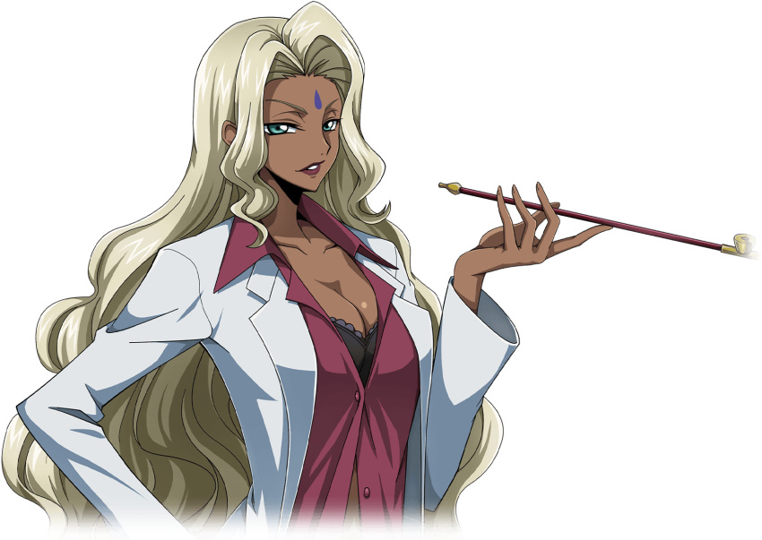 1girl artist_request black_bra blonde_hair blue_eyes bra bra_peek breasts cleavage coat code_geass code_geass:_lost_stories collarbone collared_shirt cropped_torso dark-skinned_female dark_skin facial_mark forehead forehead_mark game_cg half-closed_eyes hand_up highres holding holding_smoking_pipe hookah lipstick long_hair long_sleeves looking_at_viewer makeup medium_breasts non-web_source official_art open_clothes open_coat open_shirt parted_lips rakshata_chawla red_lips red_shirt shirt sidelocks simple_background smoking_pipe solo standing teeth transparent_background underwear upper_body v-shaped_eyebrows white_coat
