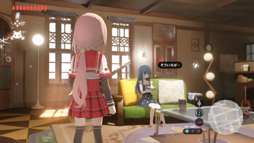 2girls black_dress black_sleeves black_thighhighs blue_eyes blue_hair book carpet chair commentary_request couch cup day door dress facing_away fake_screenshot from_behind gameplay_mechanics heads-up_display health_bar holding holding_book indoors kamihama_university_affiliated_school_uniform lamp layered_sleeves long_hair long_sleeves magia_record:_mahou_shoujo_madoka_magica_gaiden mahou_shoujo_madoka_magica mikazuki_villa_(magia_record) minimap mug multiple_girls nanami_yachiyo on_couch parody pillow pink_hair plaid plaid_skirt red_sailor_collar red_skirt sailor_collar samidare_(hoshi) school_uniform shirt short_over_long_sleeves short_sleeves sitting skirt soul_gem standing table tamaki_iroha the_legend_of_zelda the_legend_of_zelda:_breath_of_the_wild thighhighs translation_request user_interface white_shirt window