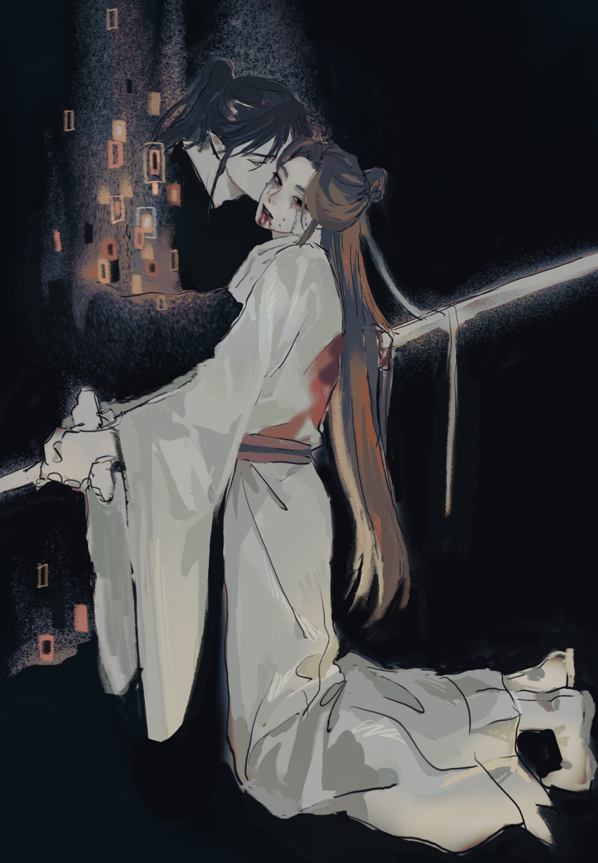2boys absurdres black_background black_eyes black_hair blood blood_from_mouth blood_on_clothes brown_hair chinese_clothes closed_eyes crying crying_with_eyes_open full_body hair_bun hair_ribbon hand_on_another's_shoulder hanfu high_ponytail highres holding holding_sword holding_weapon hua_cheng kiss kneeling long_hair long_sleeves multiple_boys open_mouth parody pointy_ears ponytail qn_rkr2 ribbon sash seppuku stab suicide sword tears the_kiss tianguan_cifu weapon white_footwear white_hanfu wide_sleeves xie_lian yaoi