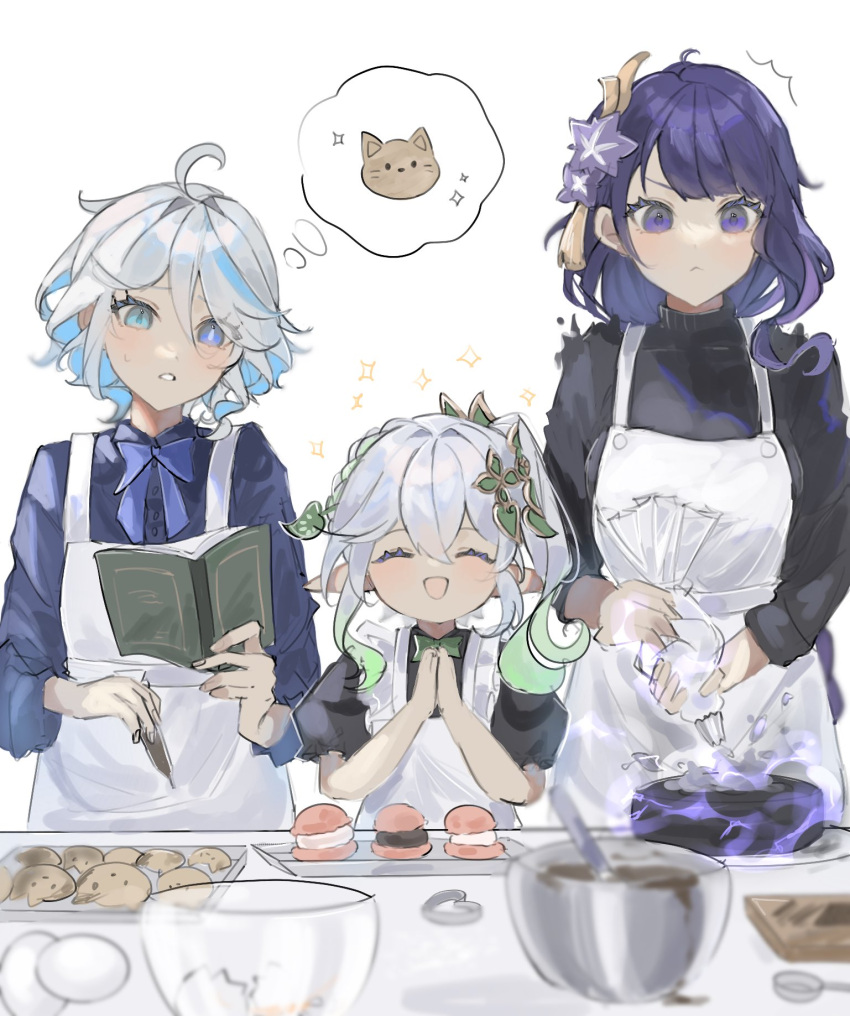 3girls apron aroha252538 baking blue_eyes blue_hair blue_shirt cake closed_eyes closed_mouth cookie cream_puff food furina_(genshin_impact) genshin_impact highres long_hair multicolored_hair multiple_girls nahida_(genshin_impact) open_mouth own_hands_together pastry_bag pointy_ears purple_eyes purple_hair purple_sweater raiden_shogun shirt simple_background smile streaked_hair sweater white_apron white_background white_hair