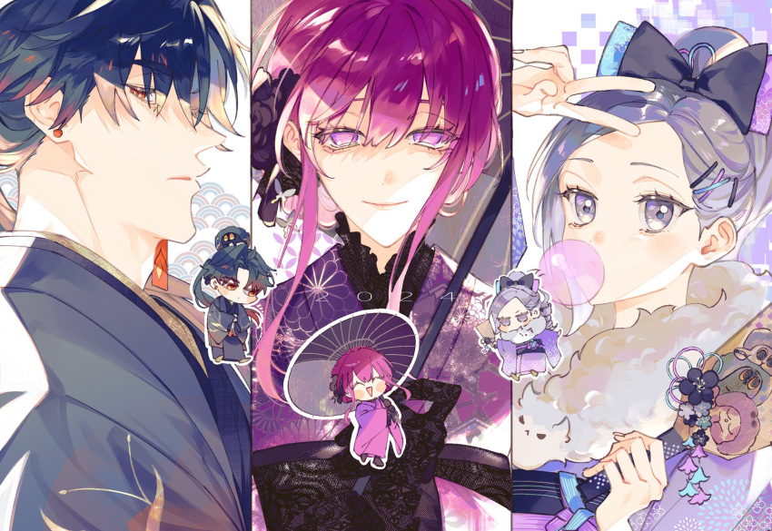 1boy 2024 2girls arm_up black_bow black_hair blade_(honkai:_star_rail) blush bow bubble_blowing butter chewing_gum chibi chibi_inset column_lineup drill_hair earrings food fur-trimmed_kimono fur_trim gloves grey_hair hagoita hair_between_eyes hair_bow hair_ornament hairclip highres holding holding_paddle holding_umbrella honkai:_star_rail honkai_(series) japanese_clothes jewelry kafka_(honkai:_star_rail) kimono lace lace-trimmed_kimono lace_gloves lace_trim long_hair looking_at_viewer multiple_girls no_pupils paddle parted_bangs poposrk purple_eyes purple_kimono sidelocks silver_wolf_(honkai:_star_rail) smile stud_earrings umbrella v x_hair_ornament yellow_eyes