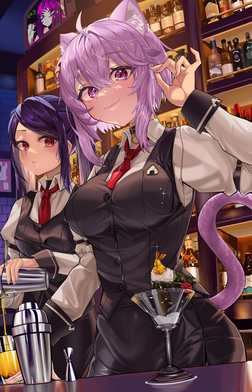 2girls absurdres animal_ear_fluff animal_ears anna_graem bar_(place) breasts brown_vest buttons cat_ears cat_girl cat_tail closed_mouth cocktail_shaker collared_shirt crossed_bangs cup drinking_glass highres hololive indoors jill_stingray large_breasts long_sleeves looking_at_another looking_at_viewer multiple_girls necktie nekomata_okayu pink_hair purple_eyes purple_hair red_eyes red_necktie revision shirt short_hair sidelocks smile snarkhunt standing tail va-11_hall-a vest virtual_youtuber white_shirt