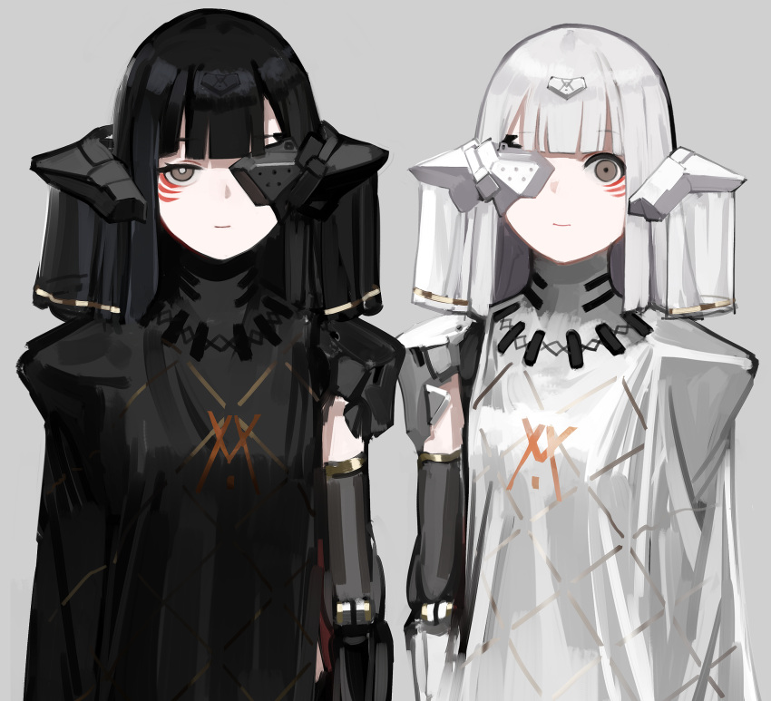 2girls adeline_(girls'_frontline) alina_(girls'_frontline) black_dress black_hair breasts brown_eyes closed_mouth dress facial_mark girls'_frontline grey_background hair_ornament highres long_hair looking_at_viewer mechanical_arms medium_breasts multiple_girls nyto_(girls'_frontline) paradeus rampart1028 simple_background single_mechanical_arm upper_body white_dress white_hair