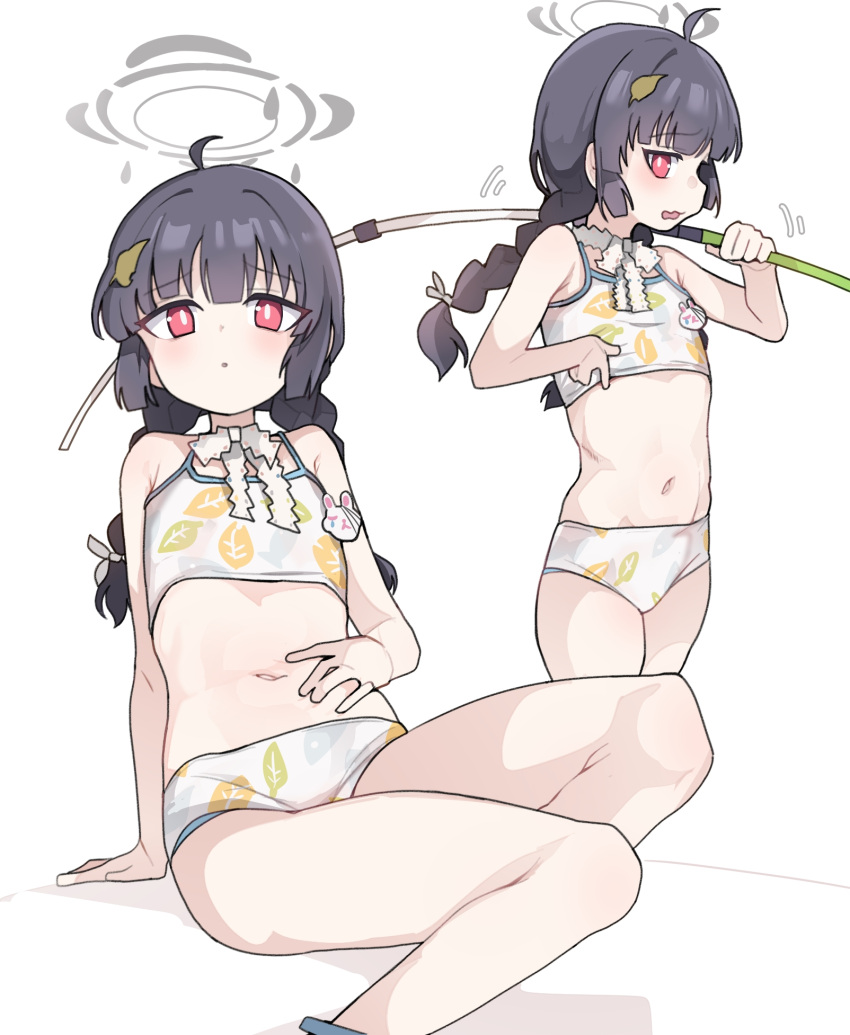 1girl ahoge bare_arms bare_legs bare_shoulders bikini black_hair blue_archive blush braid fishing_rod flat_chest grey_halo halo highres holding holding_fishing_rod leaf_print long_hair miyu_(blue_archive) miyu_(swimsuit)_(blue_archive) multiple_views navel open_mouth parted_lips pearlgang_e print_bikini red_eyes simple_background swimsuit twin_braids white_background white_bikini