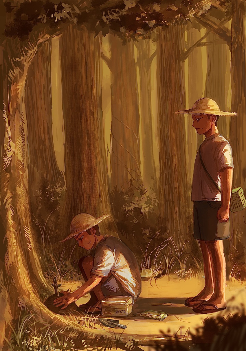 2boys aged_down alternate_costume behind_another black_hair black_shorts box child closed_mouth commentary_request expressionless forest from_side golden_kamuy grave hat highres insect_cage looking_at_another looking_down male_focus mole mole_on_cheek multiple_boys nature no_socks ogata_hyakunosuke open_mouth osakanaman_7 outdoors profile sandals shadow shirt short_hair short_sleeves shorts shoulder_strap sidelighting squatting standing straw_hat summer t-shirt translated trowel usami_tokishige very_short_hair wide_shot