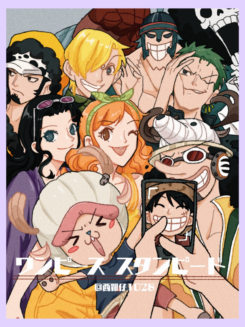 &gt;_&lt; 2girls 6+boys antlers black_hair blonde_hair blue_eyes blush_stickers border brook_(one_piece) coat commentary_request copyright_name curly_eyebrows cyborg eyewear_on_head facial_hair franky_(one_piece) goatee goggles green_hair grey_background hair_over_one_eye hat headphones highres hood hooded_coat horns long_hair long_nose looking_at_viewer looking_to_the_side monkey_d._luffy multiple_boys multiple_girls nami_(one_piece) nico_robin one_eye_closed one_piece one_piece:_stampede orange_eyes orange_hair purple_border reindeer_antlers roronoa_zoro sanji_(one_piece) scar scar_across_eye scar_on_face sideburns simple_background skeleton smile straw_hat taking_picture tony_tony_chopper trafalgar_law usopp xiluoji yellow_coat