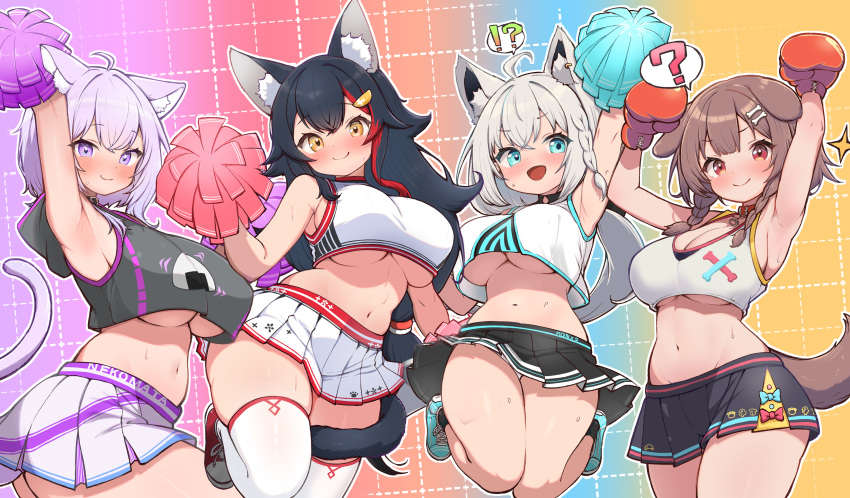 !? 4girls ? absurdres ahoge animal_collar animal_ear_fluff animal_ears arm_up armpits arms_up black_choker black_collar black_hair black_shirt black_skirt blue_footwear blush bone_hair_ornament boxing_gloves braid breasts brown_hair cartoon_bone cat_ears cat_girl cat_tail character_name cheering cheerleader choker cleavage closed_mouth clothes_writing collar crop_top crop_top_overhang cropped_shirt dog_ears dog_girl fox_ears fox_girl french_braid gradient_background hair_ornament hairclip highres holding holding_pom_poms hololive hololive_gamers inugami_korone jumping kani_bonara long_hair looking_at_another looking_at_viewer microskirt midriff multicolored_hair multiple_girls navel nekomata_okayu no_bra nose_blush ookami_mio open_mouth orange_eyes panties pantyshot pleated_skirt pom_pom_(cheerleading) purple_hair red_collar red_footwear red_hair shirakami_fubuki shirt shoes short_hair side_braid skindentation skirt smile sneakers sports_bra stomach streaked_hair sweat sweatdrop tail thick_thighs thighhighs thighs twin_braids underboob underwear white_hair white_panties white_shirt white_skirt white_sports_bra white_thighhighs wolf_ears wolf_girl