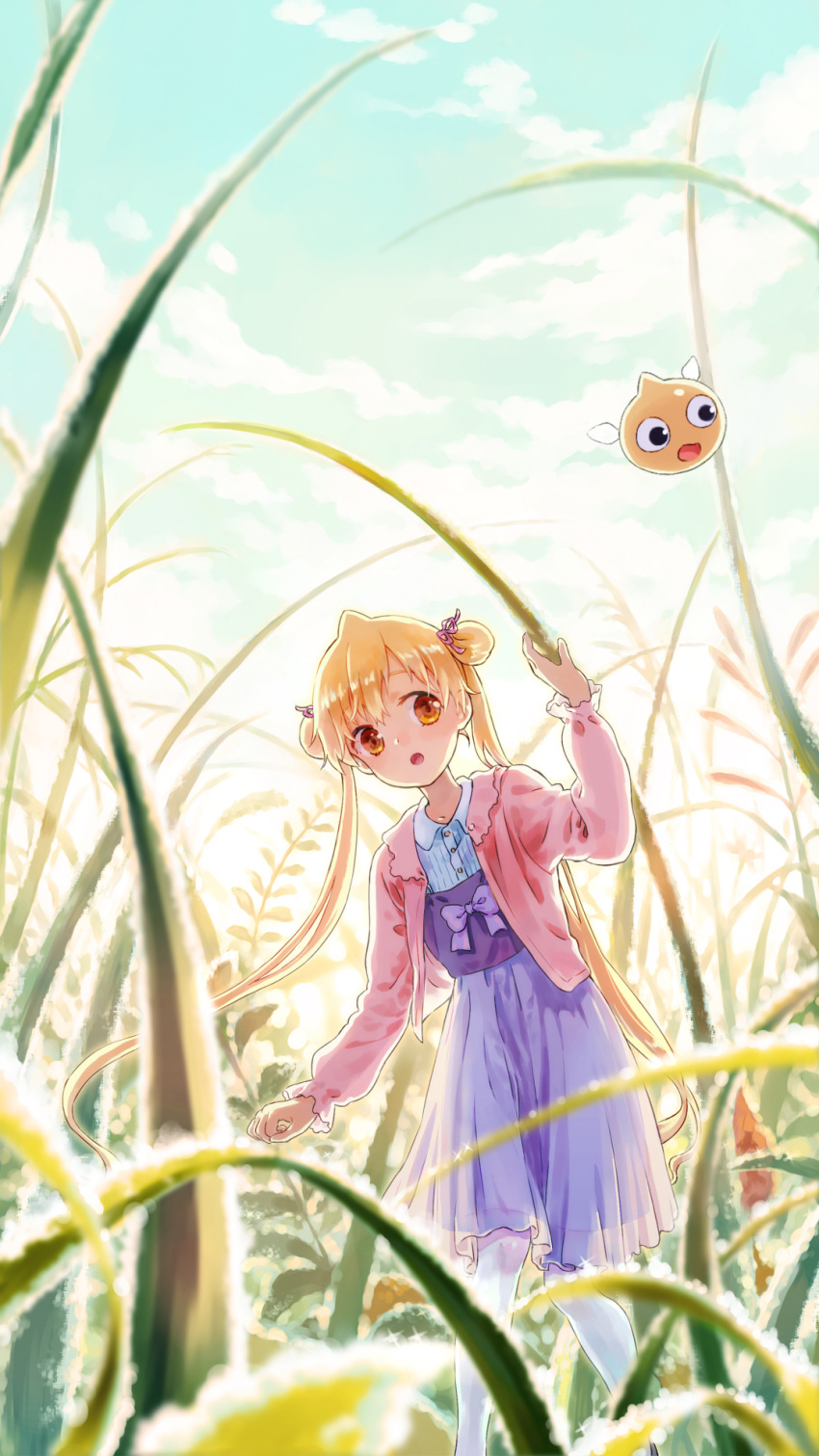1girl :o arm_up blonde_hair bow brown_eyes buttons cloud collared_dress commentary_request creature day dew_drop double_bun dress dress_bow grass green_sky hair_bun highres jacket long_hair long_sleeves looking_to_the_side mini_person minigirl moekon open_mouth original outdoors pink_jacket purple_bow purple_dress purple_sash sash sky solo standing water_drop