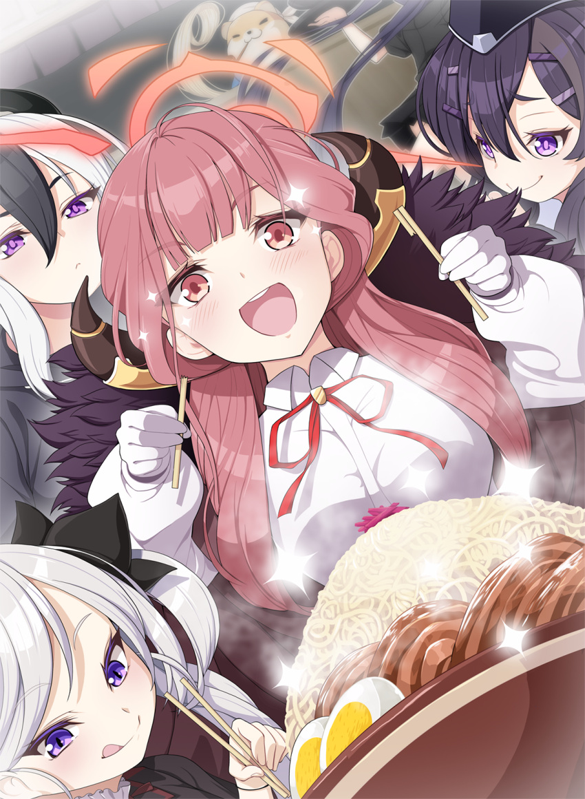 1other 5girls aru_(blue_archive) black_hair blue_archive blush breasts brown_horns closed_mouth collared_shirt demon_horns food gloves grey_hair hair_between_eyes halo haruka_(blue_archive) highres horns kayoko_(blue_archive) koflif large_breasts long_hair long_sleeves multicolored_hair multiple_girls multiple_others mutsuki_(blue_archive) noodles open_mouth pink_hair pink_halo problem_solver_68_(blue_archive) purple_eyes purple_hair ramen red_ribbon ribbon serika_(blue_archive) shirt side_ponytail smile white_gloves white_shirt yellow_eyes