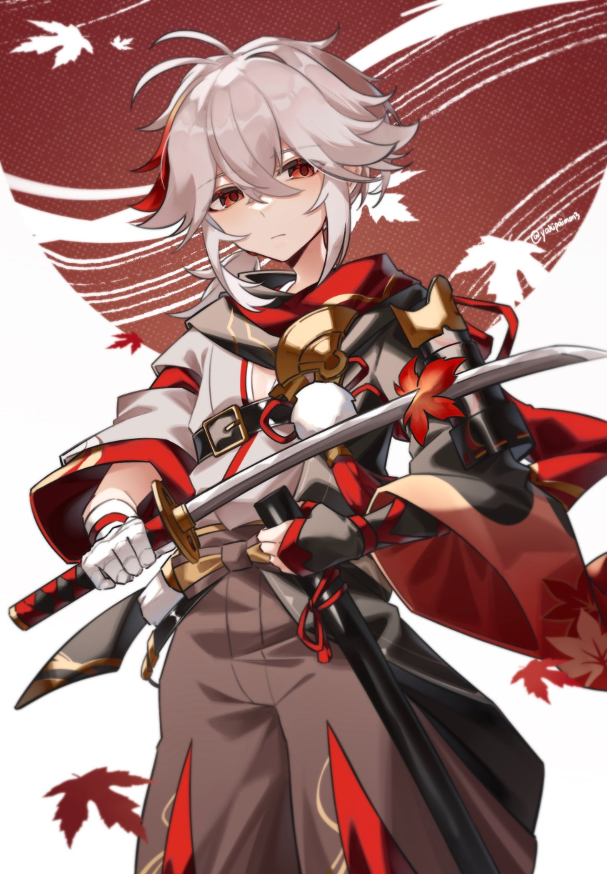 1boy armor bandaged_hand bandages black_gloves closed_mouth fingerless_gloves genshin_impact gloves grey_hair hair_between_eyes highres holding holding_sheath holding_sword holding_weapon japanese_armor japanese_clothes kaedehara_kazuha leaf leaf_print looking_at_viewer male_focus ponytail red_eyes red_hair sheath solo sword twitter_username weapon wide_sleeves yakipaimon3