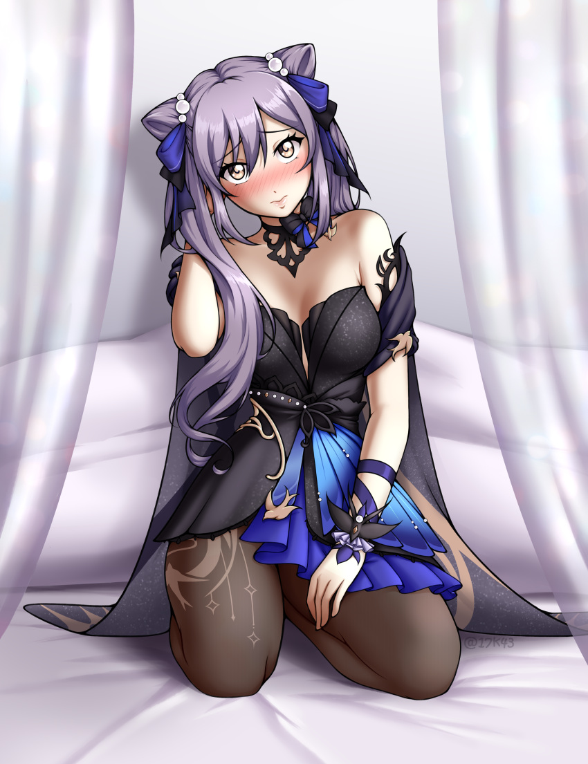 17k43 1girl absurdres alternate_eye_color bare_shoulders black_dress black_pantyhose blush breasts cleavage commentary cone_hair_bun curtains double_bun dress genshin_impact hair_bun hair_ribbon highres keqing_(genshin_impact) keqing_(opulent_splendor)_(genshin_impact) long_hair looking_at_viewer medium_breasts nose_blush off-shoulder_dress off_shoulder official_alternate_costume pantyhose purple_hair purple_ribbon ribbon seiza short_sleeves sitting solo twintails very_long_hair wrist_ribbon yellow_eyes