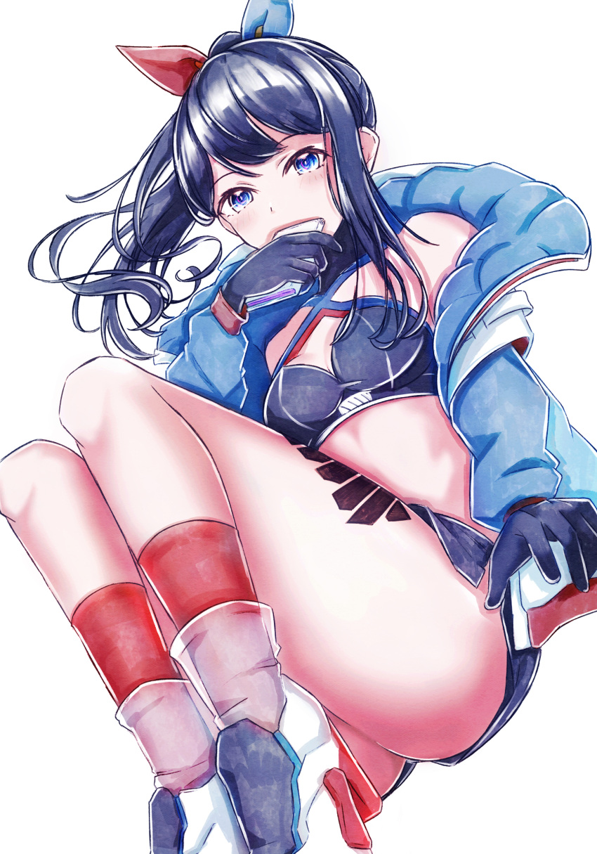 1girl black_gloves black_hair black_skirt blue_eyes blue_jacket cellphone commentary_request covering_own_mouth crop_top gloves gridman_universe gridman_universe_(film) hair_ribbon high_heels highres holding holding_phone jacket leg_tattoo long_sleeves looking_at_viewer microskirt midriff miniskirt navel off_shoulder official_alternate_costume okanda open_clothes open_jacket pencil_skirt phone ponytail red_socks ribbon shoes simple_background skindentation skirt smartphone sneakers socks solo sports_bra ssss.gridman stomach takarada_rikka tattoo thick_thighs thigh_strap thighs white_background