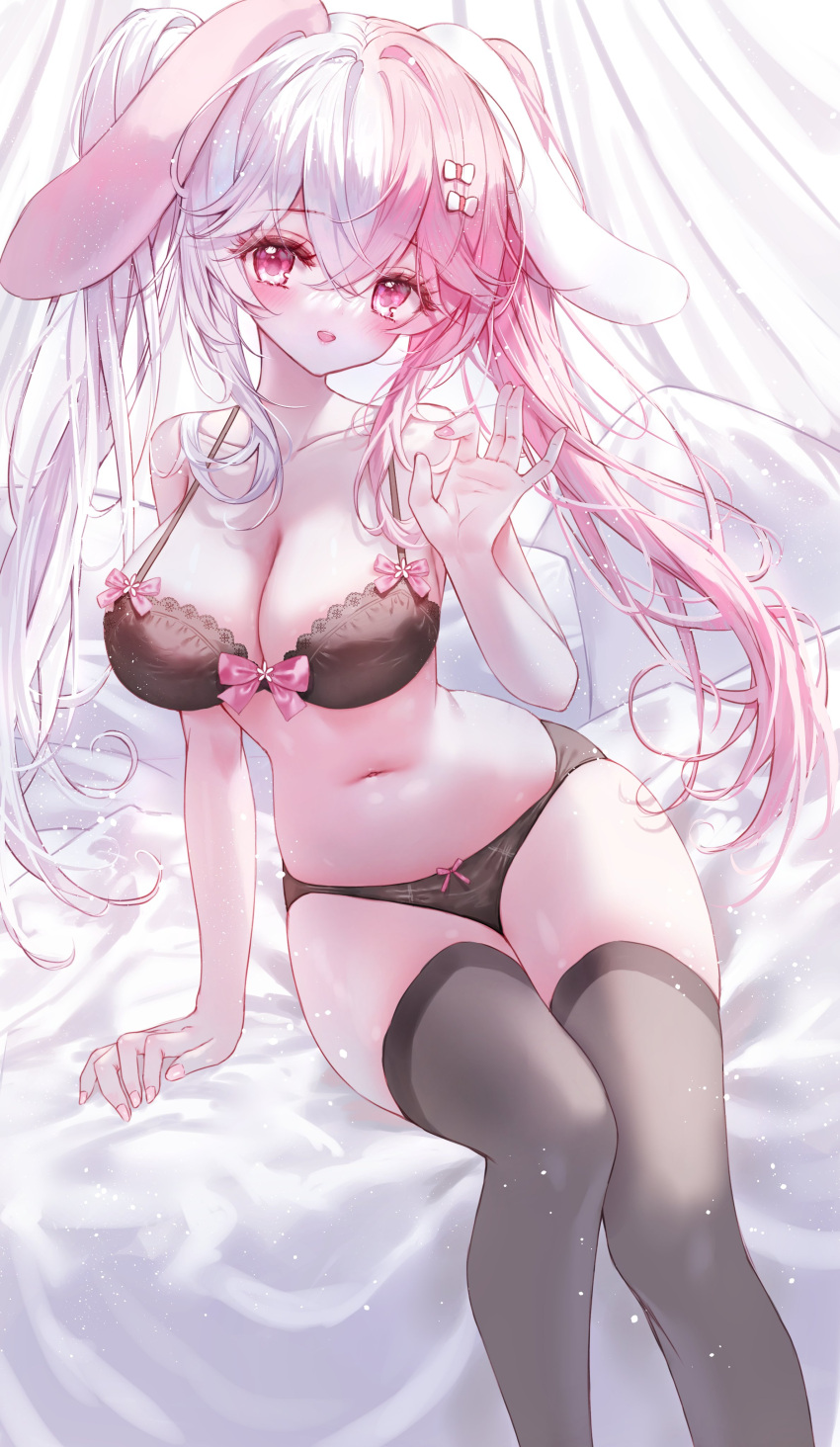 1girl :d absurdres animal_ears bare_arms bare_shoulders bed_sheet black_bra black_panties bow bow_bra bow_panties bra breasts cleavage collarbone commentary_request curtains feet_out_of_frame grey_thighhighs hair_between_eyes hair_bow hand_up highres large_breasts long_hair multicolored_hair nail_polish navel original panties pink_eyes pink_hair pink_nails rabbit_ears sitting smile solo tandohark thighhighs two-tone_hair underwear very_long_hair white_bow white_hair