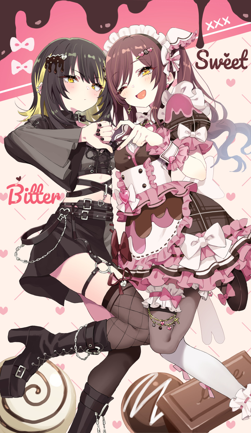 2girls absurdres black_hair black_nails black_skirt blonde_hair boots breasts brown_hair cleavage closed_mouth dress heart heart_hands heart_hands_duo heart_hands_failure high_heels highres idolmaster idolmaster_shiny_colors idolmaster_shiny_colors_song_for_prism ikaruga_luca kunikune large_breasts multicolored_hair multiple_girls one_eye_closed open_clothes osaki_amana skirt smile thumbs_down valentine yellow_eyes