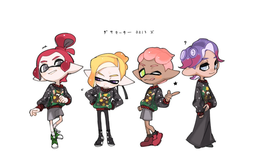 +++ 1girl 3boys :q ? black_skirt black_sweater blonde_hair blue_eyes closed_mouth cross-laced_footwear eyelashes full_body green_eyes green_footwear grey_eyes grey_shorts hands_on_own_hips inkling_boy inkling_player_character long_skirt multicolored_hair multiple_boys octoling_girl octoling_player_character one_eye_closed pink_hair pointy_ears print_sweater purple_eyes purple_hair red_hair ringed_eyes shoes short_hair short_ponytail shorts simple_background skirt smile spl8ya splatoon_(series) standing star_(symbol) sweater teeth tentacle_hair thick_eyebrows tongue tongue_out translation_request two-tone_eyes two-tone_hair white_background yellow_eyes