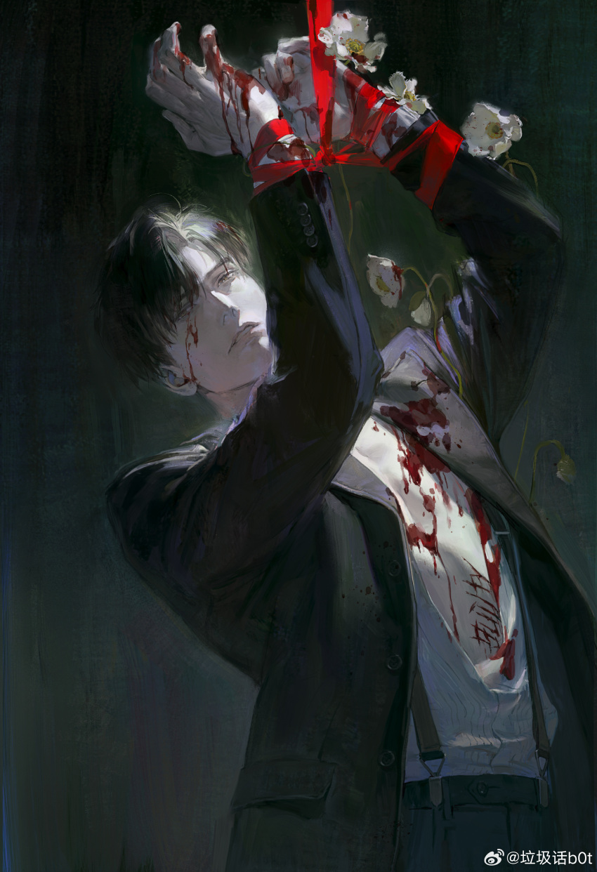 1boy absurdres arms_up black_background black_hair black_pants black_suit blood blood_on_clothes blood_on_face chinese_commentary creamyghost flower highres lips long_sleeves looking_at_viewer love_and_deepspace male_focus open_clothes open_shirt pants parted_lips red_ribbon restrained ribbon shirt short_hair solo strap suit suspenders white_flower white_shirt zayne_(love_and_deepspace)