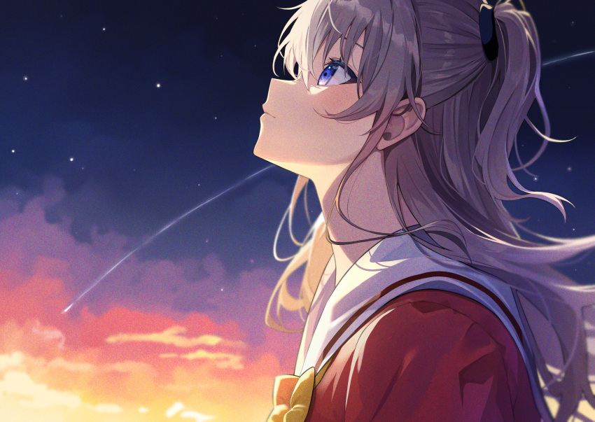 1girl absurdres black_sky blue_eyes charlotte_(anime) grey_hair highres hoshinoumi_academy_school_uniform long_hair looking_up meteor sailor_collar school_uniform serafuku sky smile solo sunset tomori_nao two_side_up white_hair yuteke_key