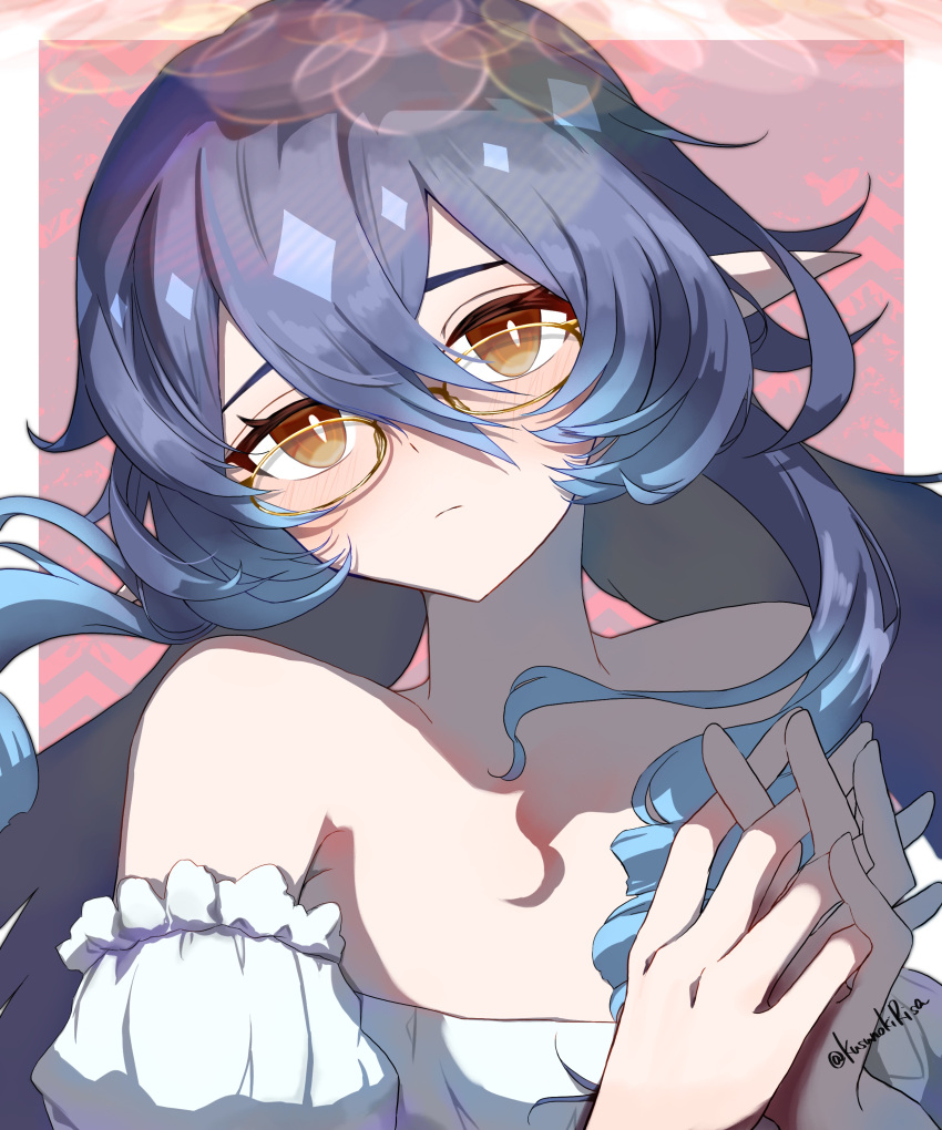 1girl absurdres alternate_costume bare_shoulders bespectacled blue_hair commentary_request genshin_impact glasses head_tilt highres kusunoki_r layla_(genshin_impact) long_hair off-shoulder_shirt off_shoulder own_hands_together pointy_ears puffy_sleeves shirt solo upper_body very_long_hair white_shirt yellow_eyes