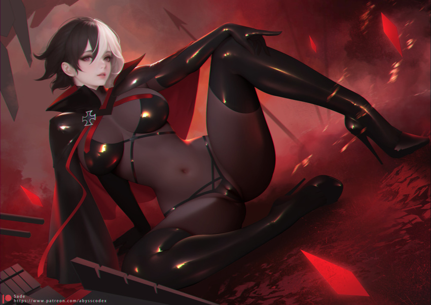 1girl azur_lane bikini black_bikini black_capelet black_hair bodystocking bodysuit bruenhilde_(azur_lane) cameltoe capelet covered_navel cross elbow_gloves full_body gloves hand_on_own_knee high_heels impossible_bodysuit impossible_clothes iron_cross knee_up latex multicolored_hair sade_abyss sitting skin_tight split-color_hair swimsuit two-tone_hair waist_cape white_hair