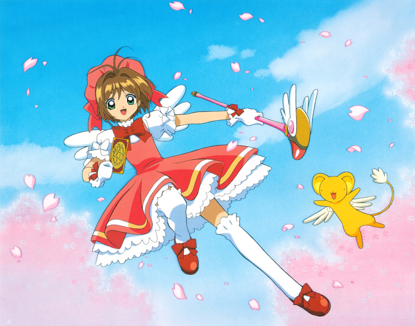 1girl absurdres bow brown_hair card cardcaptor_sakura child cloud cloudy_sky flying gloves green_eyes happy highres holding holding_card holding_wand kero kinomoto_sakura magical_girl official_art open_mouth pink_headwear red_bow red_footwear short_hair sky wand white_gloves wings
