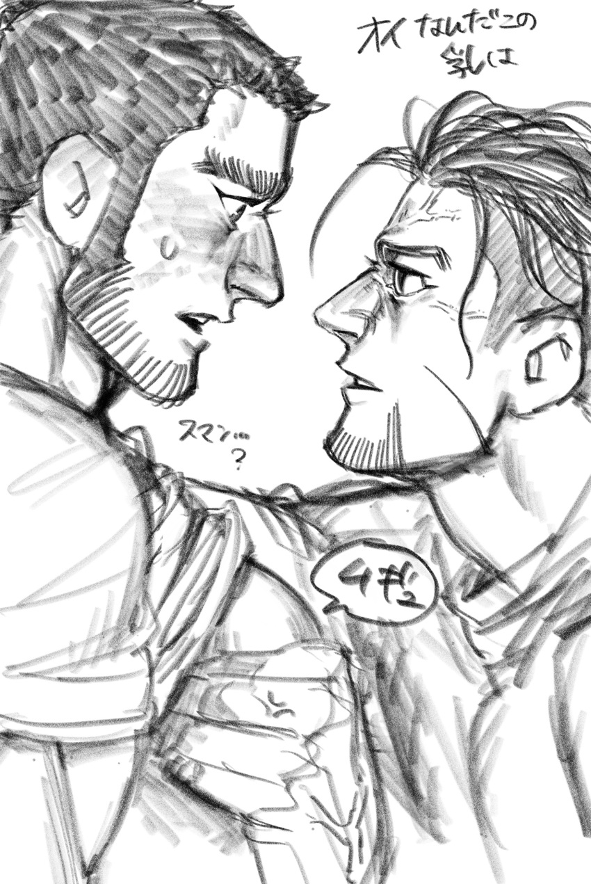 2boys absurdres angry bara beard_stubble blush buzz_cut clothes_lift couple eye_contact facial_hair frown golden_kamuy grabbing greyscale highres kasuke_(li_tgknk) looking_at_another loose_hair_strand male_focus mature_male monochrome multiple_boys muscular muscular_male muscular_uke ogata_hyakunosuke pectoral_grab shirt_lift short_hair sketch stubble tanigaki_genjirou thick_eyebrows translation_request veiny_face very_short_hair yaoi