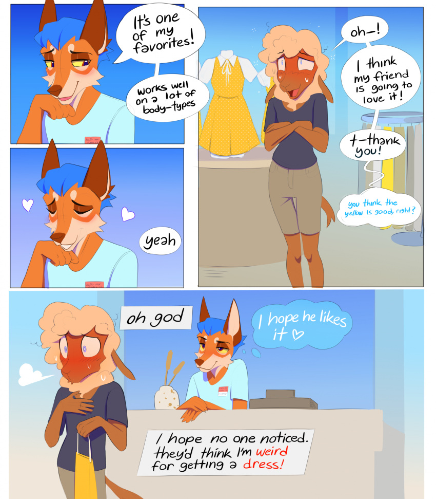 &lt;3 4_panel_comic anthro blue_background blue_hair blush blush_lines bodily_fluids bottomwear bovid breath breath_cloud brown_body brown_fur canid canine caprine cheek_tuft clothing dialogue duo english_text eyes_closed facial_tuft fox fur girly hair half-closed_eyes heresvix hi_res male mammal narration narrowed_eyes open_mouth open_smile orange_body orange_fur sheep shirt shorts simple_background smile smirk smug smug_face speech_bubble sweat sweatdrop t-shirt tan_body tan_fur tan_hair text thought_bubble topwear tuft wool_(fur) wool_hair yellow_sclera