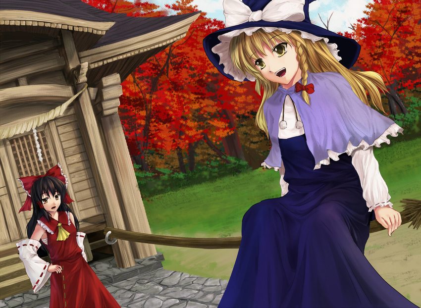 :d ascot black_dress blonde_hair blush braid broom broom_riding capelet detached_sleeves dress dutch_angle hakurei_reimu hat kirisame_marisa long_sleeves looking_to_the_side multiple_girls open_mouth outdoors path ribbon-trimmed_sleeves ribbon_trim road ryuushou shrine single_braid smile touhou wavy_hair witch_hat