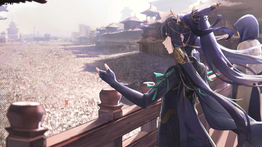 1girl architecture black_hair building copyright_name crowd day east_asian_architecture from_side hair_ornament highres logo long_hair official_art punishing:_gray_raven qu_(punishing:_gray_raven) second-party_source