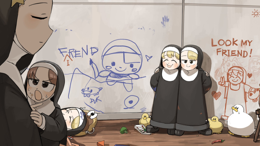 5girls :o :p aged_down bird blonde_hair broccoli brown_eyes brown_hair chicken chili_pepper closed_eyes clumsy_nun_(diva) diva_(hyxpk) doughnut-shaped_pillow duck duckling english_commentary graffiti habit highres hungry_nun_(diva) little_nuns_(diva) multiple_girls nun smile spicy_nun_(diva) star_nun_(diva) star_ornament tongue tongue_out traditional_nun v-shaped_eyebrows