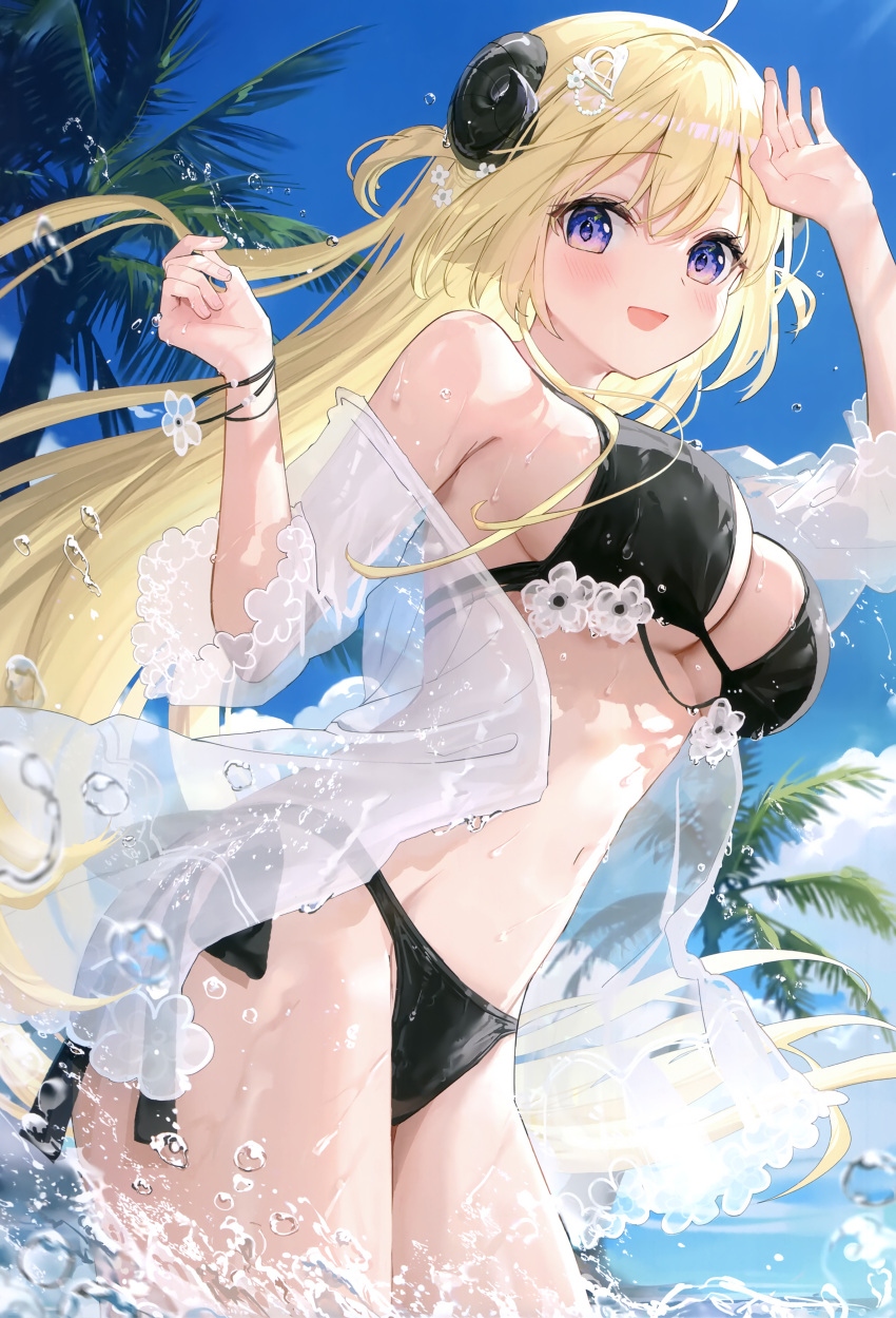1girl absurdres ahoge arm_up bare_shoulders bikini black_bikini blonde_hair blue_eyes blue_sky breasts cleavage contrapposto cowboy_shot curled_horns day fuumi_(radial_engine) hair_ornament hand_up highres hololive horns large_breasts long_hair looking_at_viewer navel non-web_source off_shoulder open_clothes open_mouth outdoors palm_tree purple_eyes scan see-through sheep_horns side-tie_bikini_bottom sky smile solo standing stomach string_bikini swimsuit thighs tree tsunomaki_watame very_long_hair virtual_youtuber wading water wet wristband