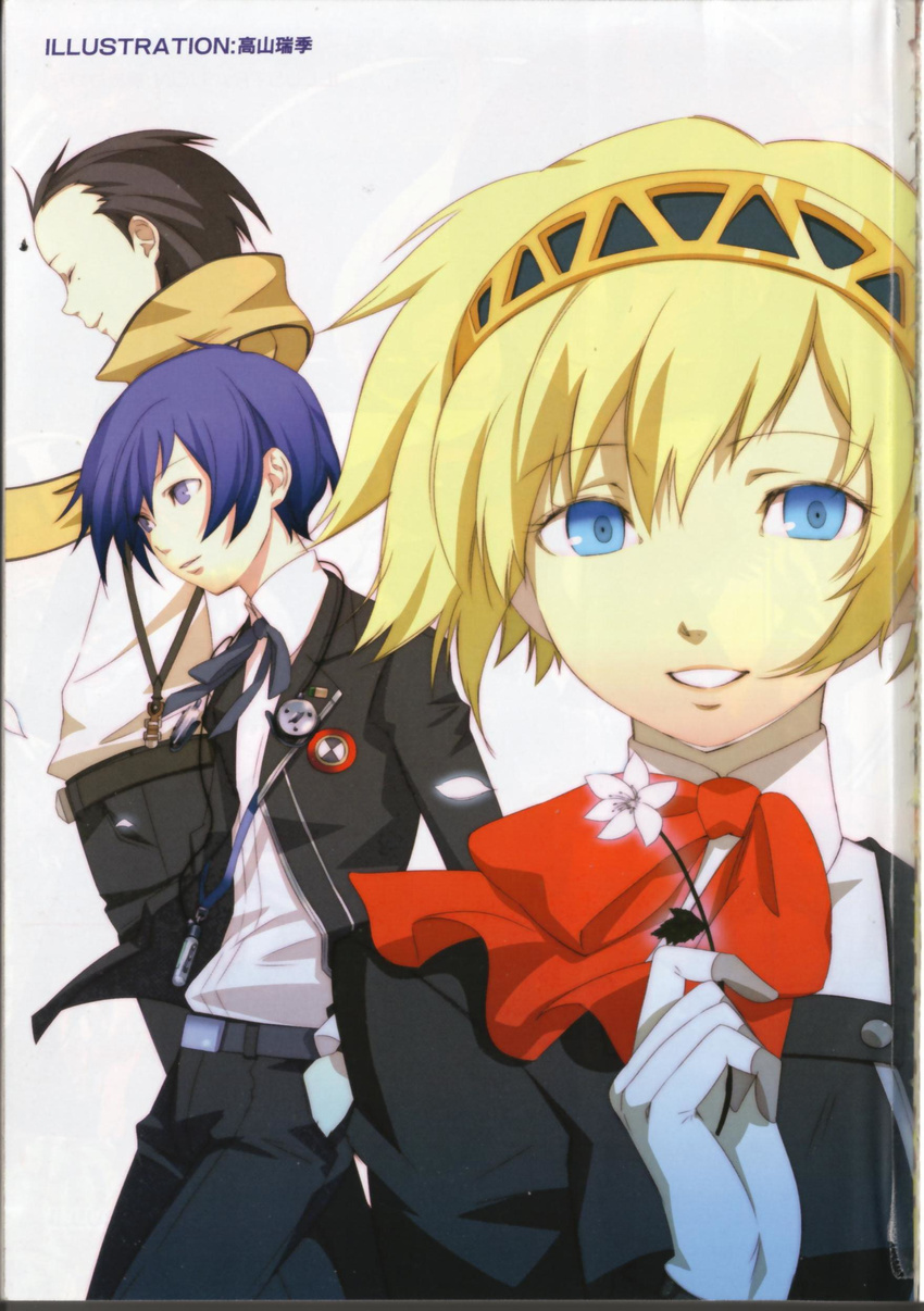 2boys absurdres aegis_(persona) android artist_request black_hair blonde_hair blue_hair closed_eyes digital_media_player flower headphones highres mochizuki_ryouji multiple_boys persona persona_3 scan school_uniform short_hair smile yuuki_makoto