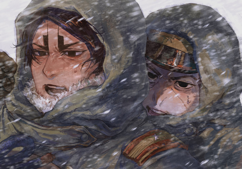 2boys behind_another black_eyes black_hair blizzard commentary_request dark-skinned_male dark_skin furrowed_brow golden_kamuy hat highres hood hood_up koito_otonoshin leaning_to_the_side looking_ahead male_focus military_hat multiple_boys open_mouth osakanaman_7 outdoors portrait shoulder_boards snowing sweat swept_bangs thick_eyebrows tsukishima_hajime v-shaped_eyebrows white_background