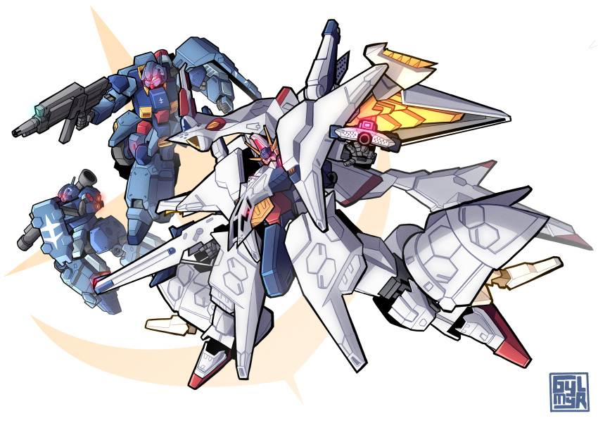 absurdres artist_name bazooka_(gundam) beam_rifle earth_federation emblem energy_gun english_commentary full_body gun gundam gundam_hathaway's_flash gustav_karl gylmyr highres holding holding_gun holding_weapon mecha mobile_suit no_humans penelope_(hathaway's_flash) pink_eyes robot shield v-fin weapon white_background