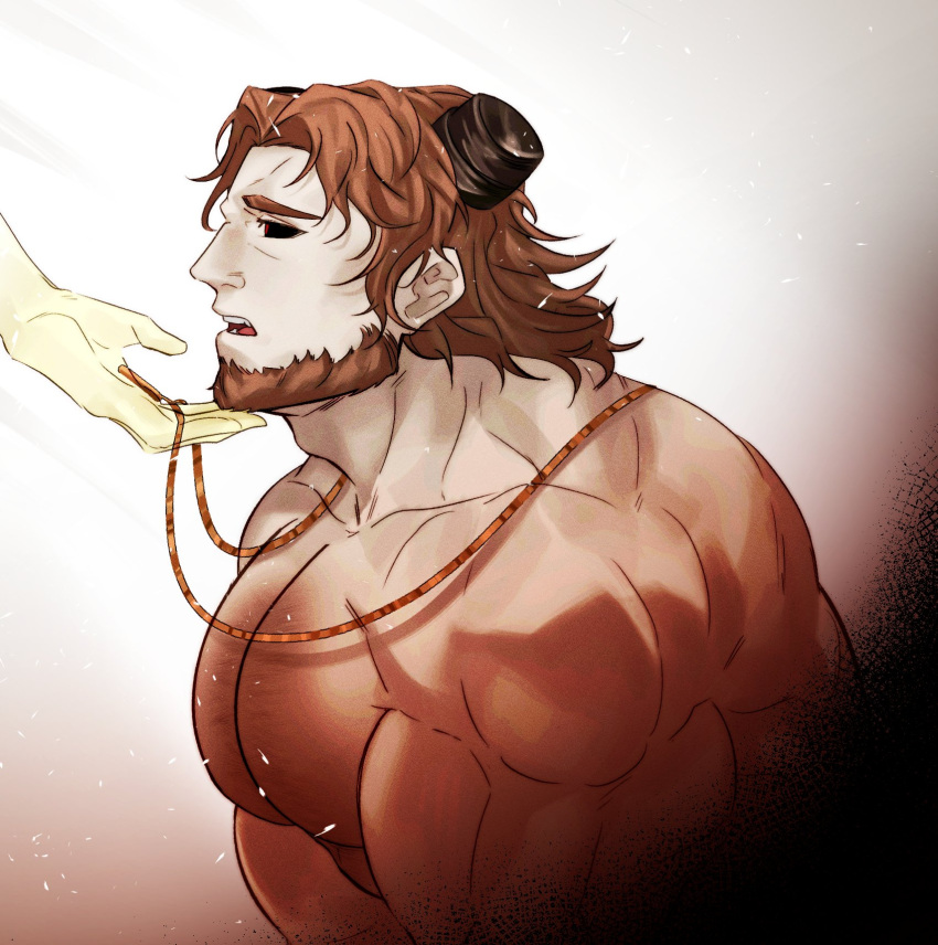 1boy 1other bara beard black_sclera broken_horn brown_hair colored_sclera eric_bloodaxe_(fate) facial_hair fate/grand_order fate_(series) from_side full_beard hand_on_another's_chin highres horns jewelry large_pectorals loboke long_hair looking_ahead male_focus mature_male monster_boy muscular muscular_male necklace nipples pectorals profile red_eyes solo_focus thick_beard thick_chest_hair thick_eyebrows upper_body v_arms