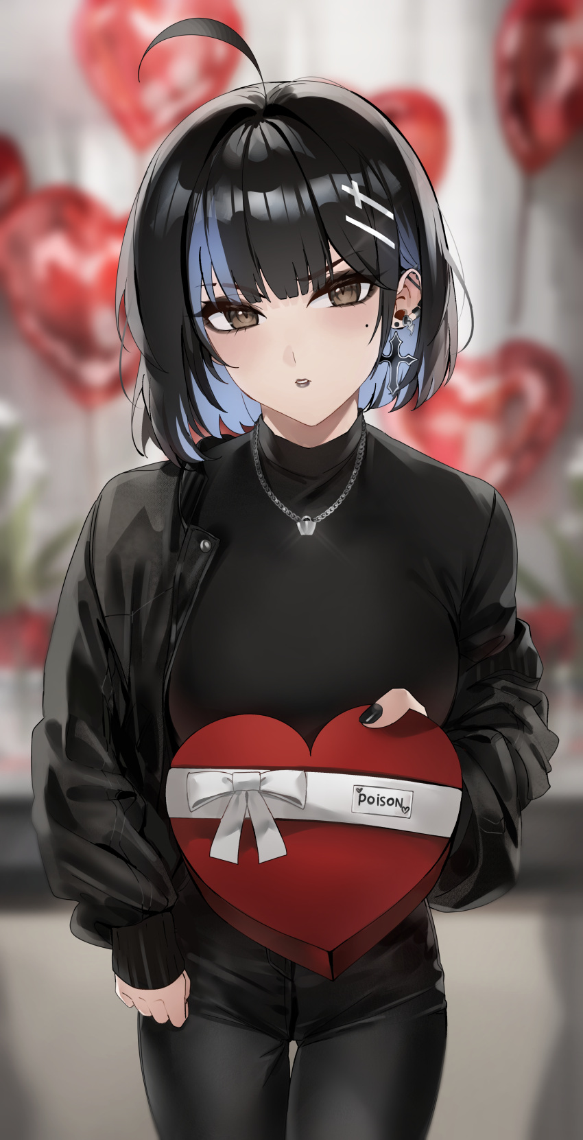 1girl absurdres ahoge black_hair black_nails blue_hair blurry blurry_background box breasts brown_eyes colored_inner_hair cross cross_earrings earrings gift heart-shaped_box highres holding holding_gift irene_(kanniiepan) jacket jewelry kanniiepan looking_at_viewer medium_breasts mole mole_under_eye multicolored_hair open_clothes open_jacket original solo two-tone_hair valentine