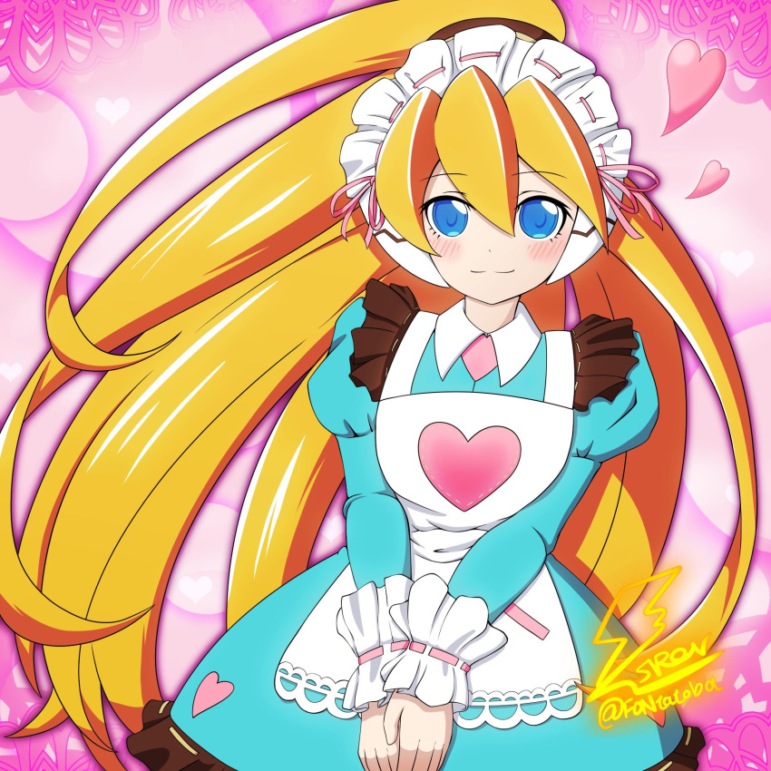 1girl apron artist_logo artist_name blonde_hair blue_dress blue_eyes blush ciel_(mega_man) dress fontatoba heart high_ponytail highres long_hair mega_man_(series) mega_man_x_(series) mega_man_x_dive mega_man_zero_(series) official_alternate_costume solo twitter_username valentine