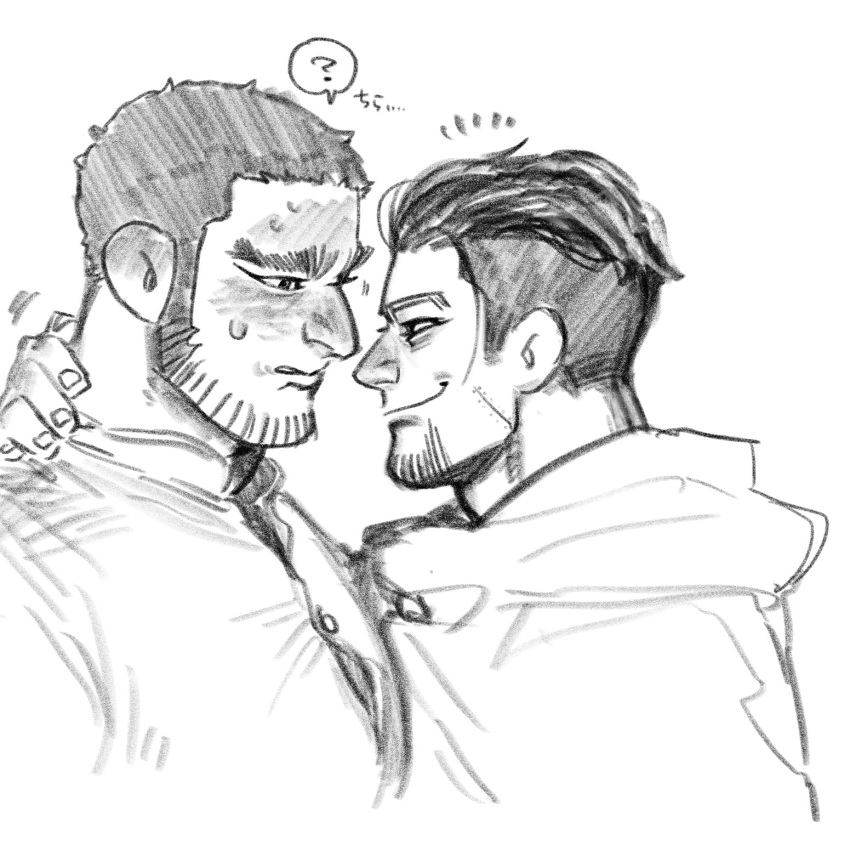 2boys ? bara beard_stubble bursting_pectorals buzz_cut couple evil_smile eye_contact facial_hair from_side golden_kamuy graphite_(medium) greyscale hand_on_another's_neck happy_aura highres kasuke_(li_tgknk) looking_at_another loose_hair_strand male_focus mature_male monochrome motion_lines multiple_boys muscular muscular_male ogata_hyakunosuke pectorals profile short_hair sketch smile spoken_question_mark stubble tanigaki_genjirou thick_eyebrows traditional_media translation_request very_short_hair yaoi