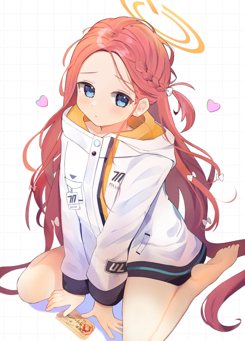 1girl barefoot between_legs blue_archive blue_eyes blush bow braid closed_mouth forehead full_body furrowed_brow grid_background hair_bow halo hand_between_legs heart highres jacket long_hair long_sleeves looking_to_the_side multiple_hair_bows orange_halo red_hair shishiodoshi side_braid sitting solo ticket very_long_hair wariza wavy_hair white_background white_bow white_jacket yuzu_(blue_archive)
