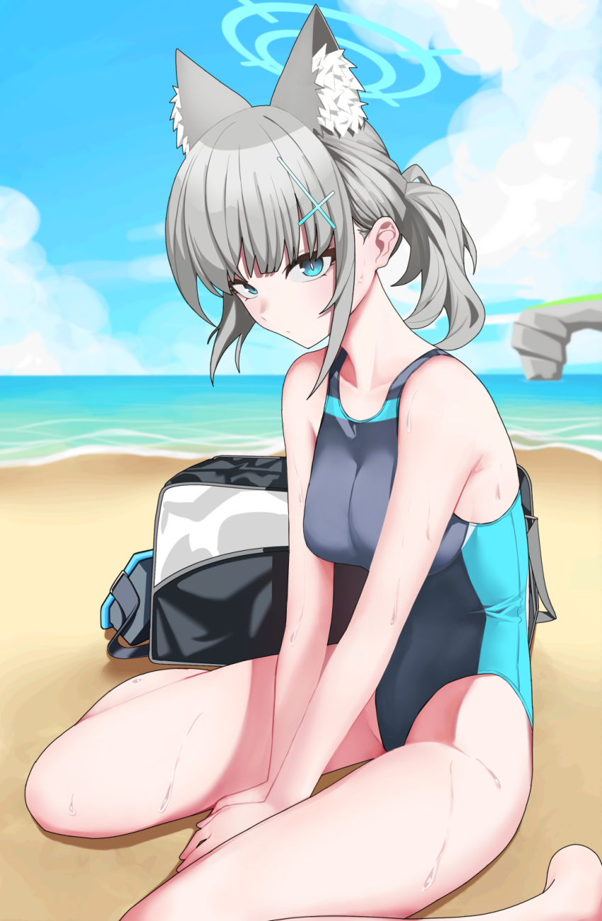 1girl animal_ear_fluff animal_ears aqua_halo arm_support bag bare_shoulders beach between_legs blue_archive blue_eyes blue_one-piece_swimsuit breasts cloud collarbone commentary competition_swimsuit cropped_legs cross cross_hair_ornament day grey_hair hair_ornament halo highres horizon inverted_cross looking_at_viewer medium_breasts mismatched_pupils mixed-language_commentary ocean official_alternate_costume one-piece_swimsuit outdoors ponytail shiroko_(blue_archive) shiroko_(swimsuit)_(blue_archive) short_hair sidelocks sitting solo swimsuit wariza wet wo475712 wolf_ears wolf_girl
