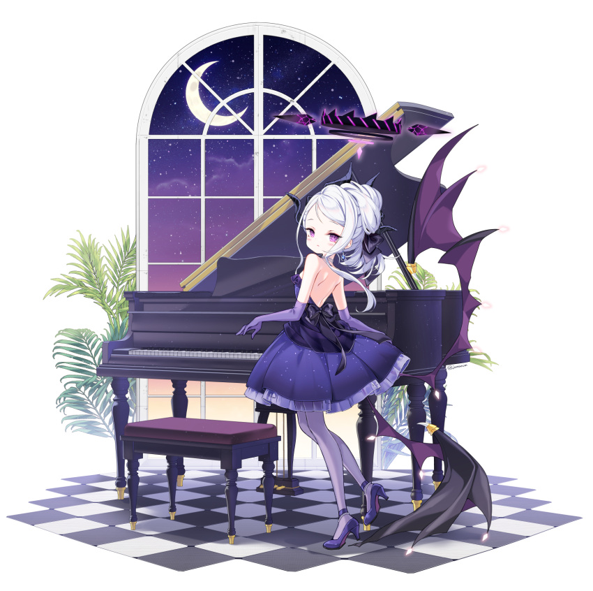 1girl black_horns black_wings blue_archive blush checkered_floor closed_mouth dangle_earrings demon_horns demon_wings dress earrings elbow_gloves full_body gloves grand_piano halo high_heels highres hina_(blue_archive) hina_(dress)_(blue_archive) horns instrument jewelry juna long_hair multiple_horns necklace official_alternate_costume official_alternate_hairstyle pantyhose piano piano_keys purple_dress purple_eyes purple_footwear purple_gloves purple_pantyhose solo strapless strapless_dress white_hair wings