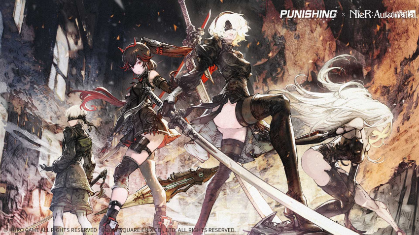 1boy 2b_(nier:automata) 3girls 9s_(nier:automata) a2_(nier:automata) android bare_shoulders black_blindfold black_dress black_hair black_thighhighs blindfold breasts copyright_name crossover dress fake_horns floating floating_object floating_weapon gloves headband highres holding holding_sword holding_weapon horns ishikawa_yui joints kazama_raita logo long_hair lucia_(punishing:_gray_raven) mechanical_arms mechanical_parts mole mole_under_mouth multicolored_hair multiple_girls nier:automata nier_(series) official_art polearm ponytail prosthesis prosthetic_arm punishing:_gray_raven red_hair red_horns second-party_source short_hair spear sword thigh_pouch thighhighs two-tone_hair virtuous_contract virtuous_treaty weapon white_hair