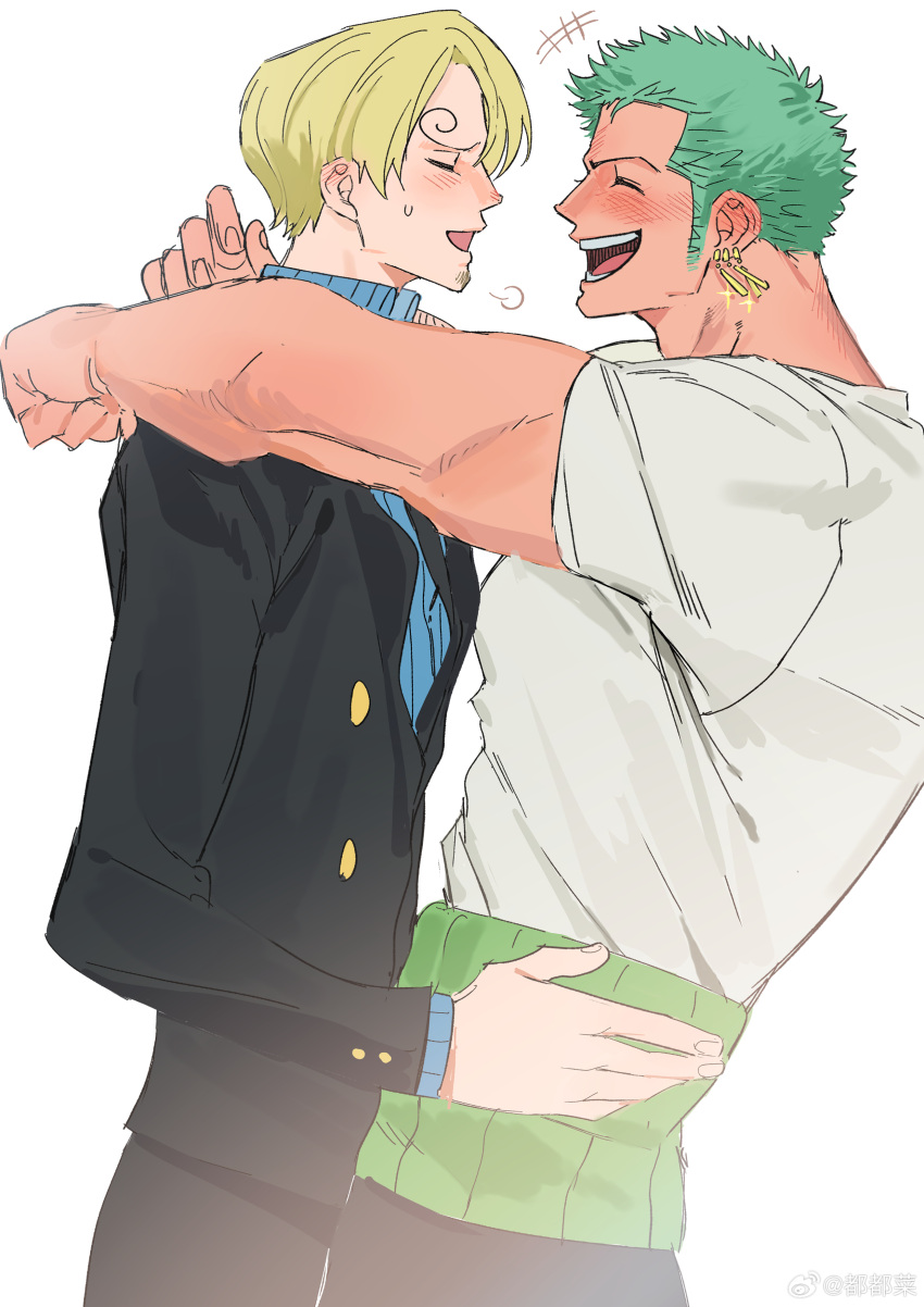 2boys absurdres arms_around_neck bara blonde_hair blush couple curly_eyebrows facial_hair from_side goatee green_hair hair_over_one_eye highres large_pectorals laughing long_sideburns male_focus multiple_boys muscular muscular_male one_piece pectorals roronoa_zoro sanji_(one_piece) short_hair sideburns sigh sparkle suit sweetdou3 yaoi