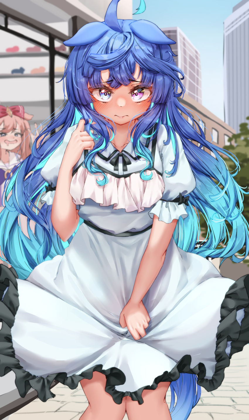 2girls @_@ absurdres against_window agnes_digital_(umamusume) ahoge alternate_costume alternate_hairstyle animal_ears blue_dress blue_hair blush bow bowtie colored_inner_hair commentary dress drooling ears_down female_pervert frilled_dress frills grey_eyes gripping_clothes hair_bow heterochromia highres horse_ears horse_girl long_hair loose_hair_strand multicolored_hair multiple_girls pervert pink_hair purple_bow purple_bowtie purple_eyes red_bow sailor_collar school_uniform sidelocks summer_uniform tabunshake tracen_school_uniform twin_turbo_(umamusume) two-tone_hair umamusume upturned_eyes very_long_hair white_sailor_collar