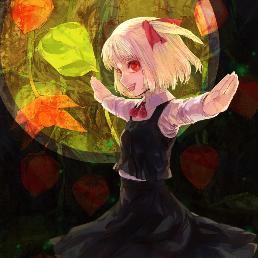 blonde_hair chinese_lantern_(plant) hair_ribbon hands highres necktie outstretched_arms red_eyes ribbon rumia short_hair solo spread_arms touhou xero