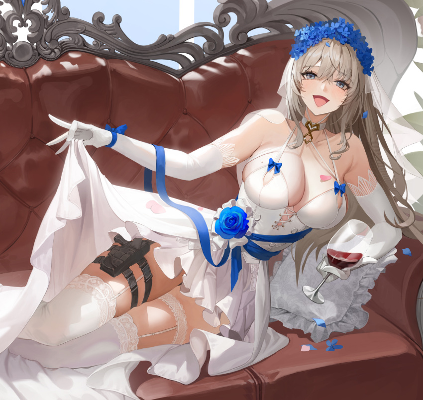 1girl absurdres alcohol armpit_crease bare_shoulders blue_bow blue_eyes blue_flower blue_rose bow breasts bridal_garter bridal_veil character_request choker cleavage collarbone copyright_request couch cup dangoose dress drink drinking_glass elbow_gloves flower frilled_thighhighs frills garter_straps gloves hair_flower hair_ornament head_wreath highres holding holding_cup holding_drink lace-trimmed_legwear lace_trim large_breasts light_brown_hair looking_at_viewer lying mole mole_on_breast on_couch on_side open_mouth reclining rose skirt_hold sleeveless sleeveless_dress smile solo thigh_pouch thighhighs veil wedding_dress white_choker white_dress white_thighhighs wine wine_glass