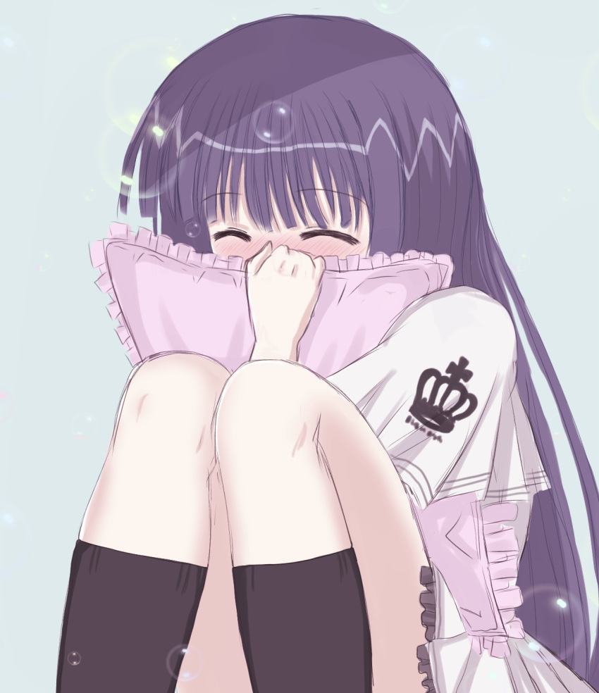 1girl ^_^ aqua_background black_hair black_socks blunt_bangs blush capelet closed_eyes commentary covered_mouth crown_print feet_out_of_frame frilled_pillow frilled_skirt frills happy highres holding holding_pillow hugging_object kneehighs knees_up long_hair lovestruck mahigu_re nose_blush pillow pillow_hug pink_pillow school_uniform simple_background sitting sketch skirt soap_bubbles socks solo straight_hair subarashiki_hibi takashima_zakuro very_long_hair white_capelet white_skirt