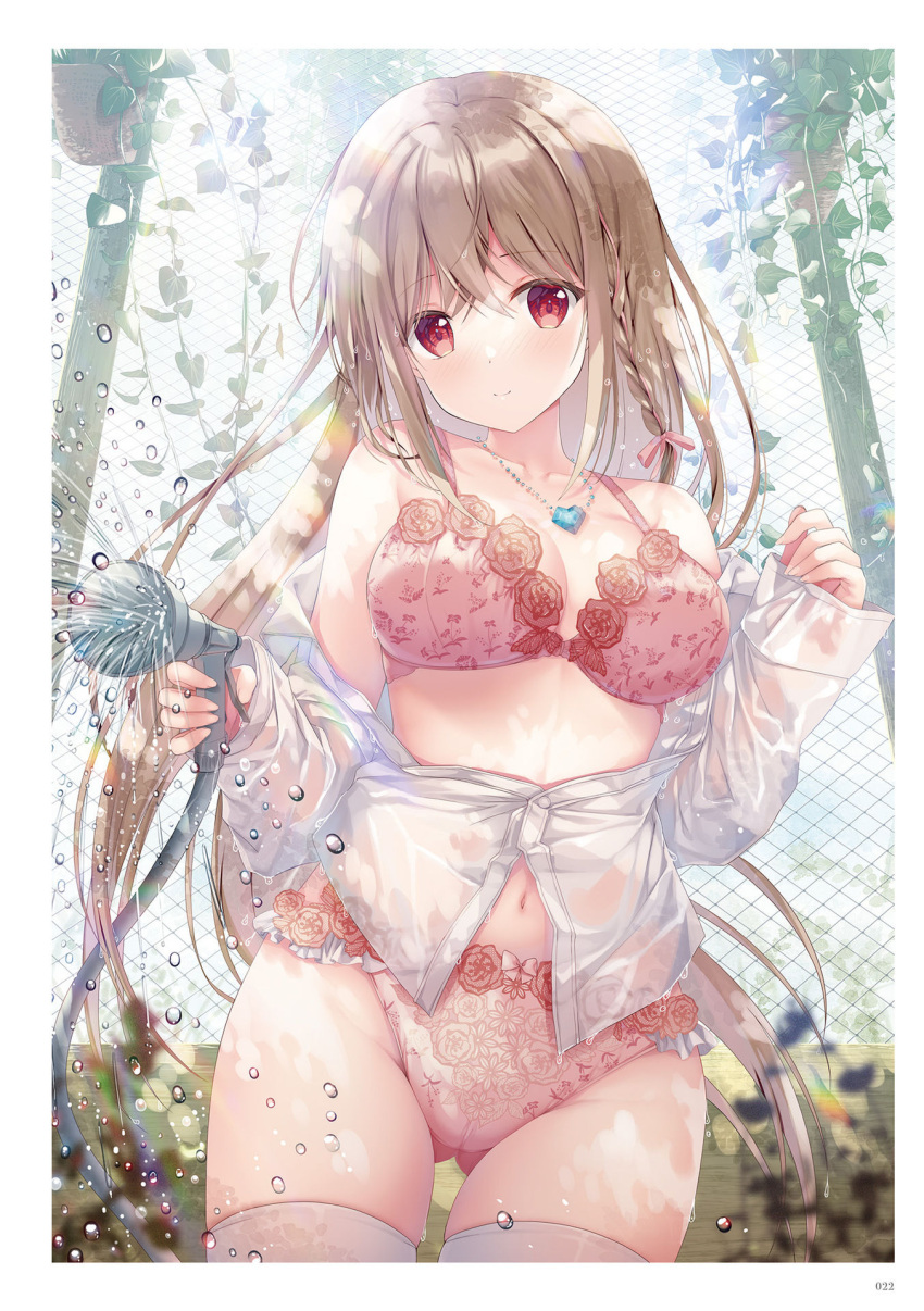 1girl border bra braid breasts cleavage closed_mouth cowboy_shot day fence floral_print flower highres holding holding_shower_head jacket large_breasts light_brown_hair light_smile long_hair long_sleeves looking_at_viewer maeda_shiori non-web_source outdoors page_number panties partially_unbuttoned pink_bra pink_panties plant potted_plant red_eyes red_flower red_rose rose shirt shower_head side_braid single_braid sleeves_past_wrists solo sousouman standing thighs twinbox_school underwear water water_drop wet wet_clothes wet_shirt white_border white_jacket