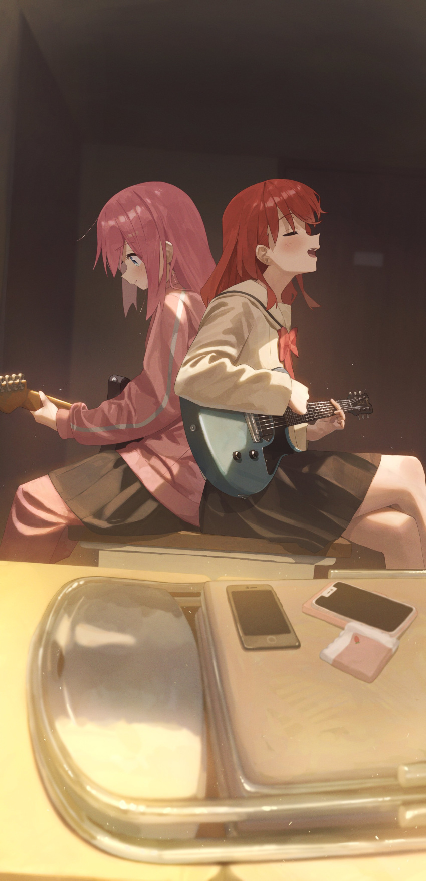 2girls absurdres back-to-back black_skirt blue_eyes blush bocchi_the_rock! cellphone closed_eyes closed_mouth electric_guitar gotoh_hitori guitar highres indoors instrument jacket kita_ikuyo long_hair long_sleeves multiple_girls open_mouth pants phone pink_hair pink_jacket pink_pants pleated_skirt red_hair school_uniform shirasuke_0822 shuka_high_school_uniform sitting skirt smartphone smile